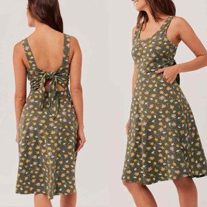 Pact Fit & Flare Tie Back Dress XS Tossed Green Floral Olive